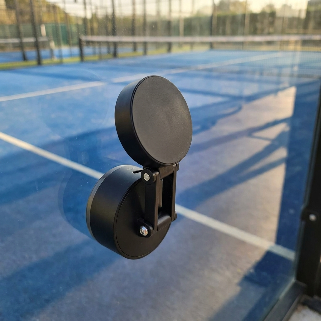 Rebote Court Mount suction-mounted on the glass wall of a padel court, arm extended